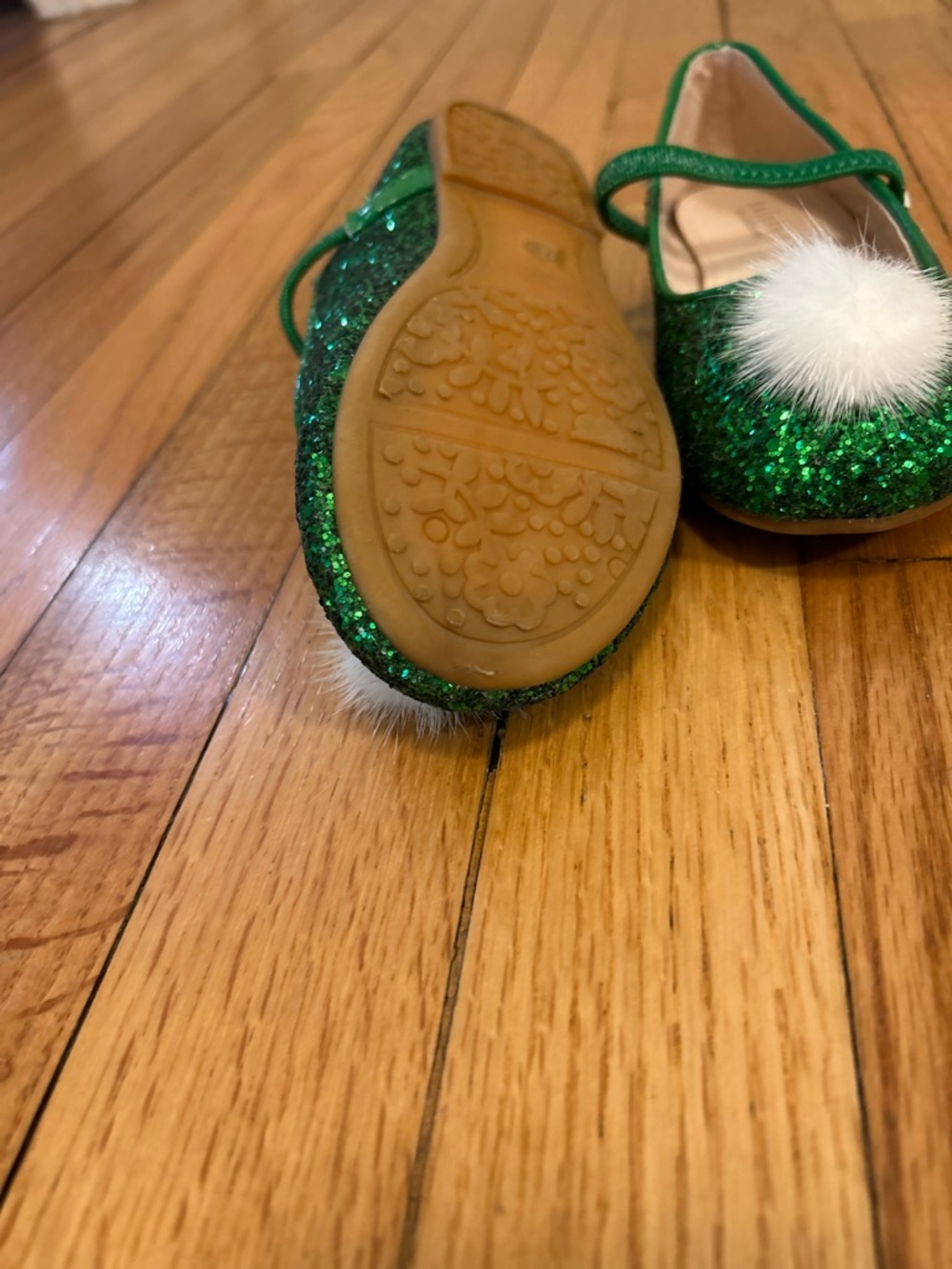 Kailee P brand Rock Glitter Mary Jane Ballet Flats with White Faux Fur Puff - Picture 4 of 9